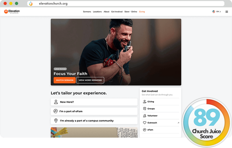 Elevation Church is one of Church Juice's 2023 Best Church Websites